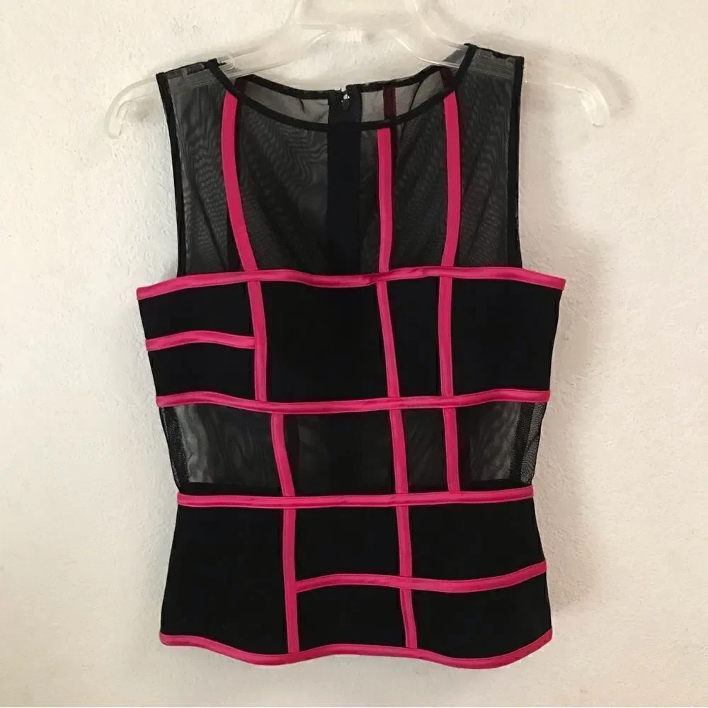 JS Collections‎ retro 60’s look sheer mesh color block sleeveless blouse 4